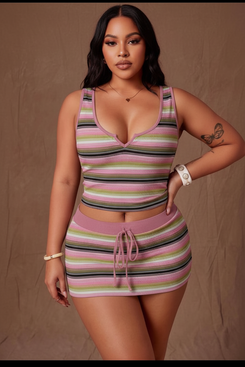 Pink Striped Ribbed Knit Two-Piece Set