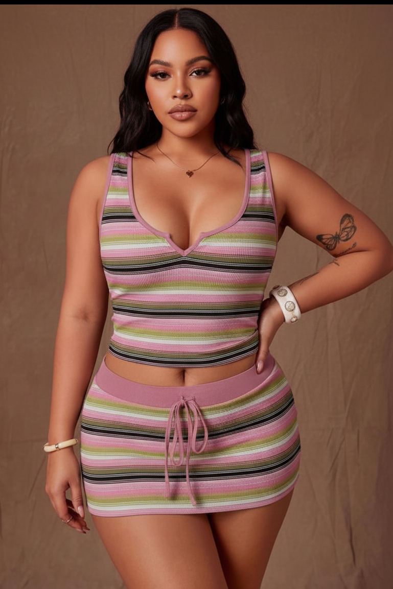Pink Striped Ribbed Knit Two-Piece Set